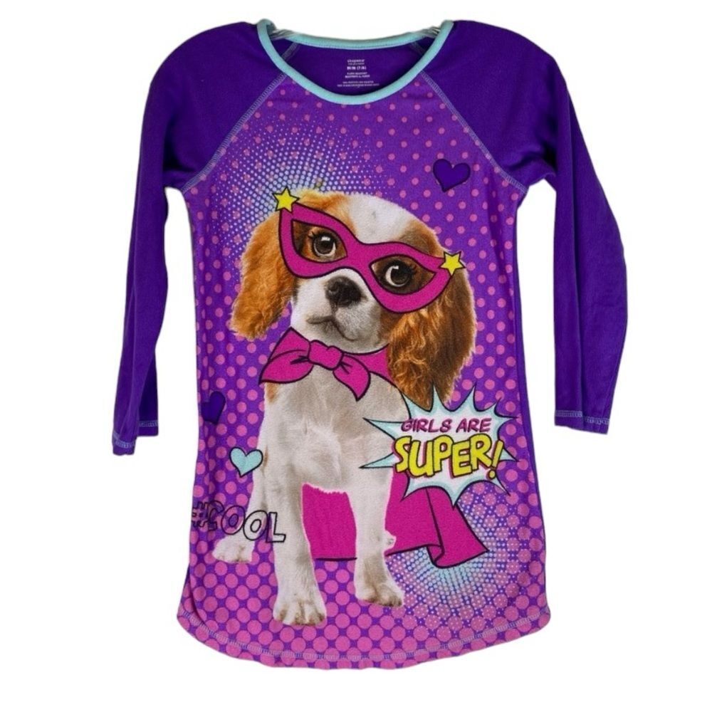 5/$15 Girls Fleece Nightgown Purple Super Dog Girls Are Super Cool M 7/8